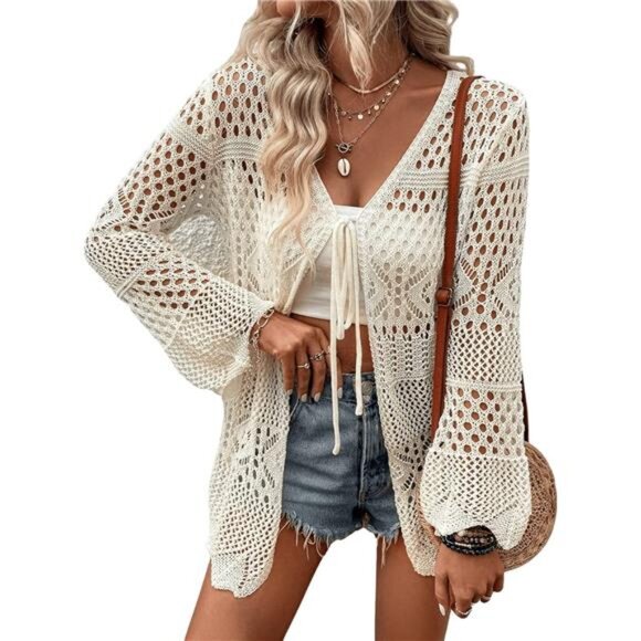 Tie Front Sheer Kimono Cardigan Cover Up Hollow Out Crochet Boho Beach Outfit - Picture 1 of 6